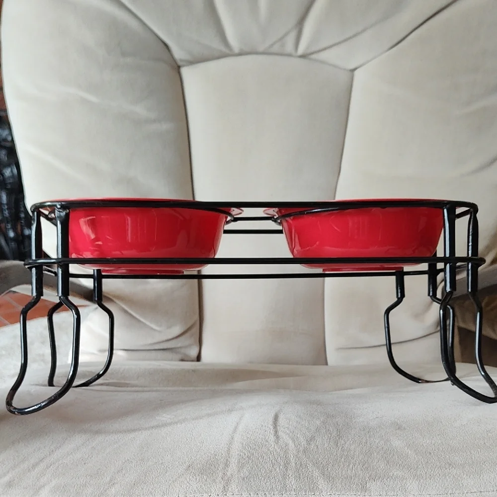Red Double Pet Bowl with Stand